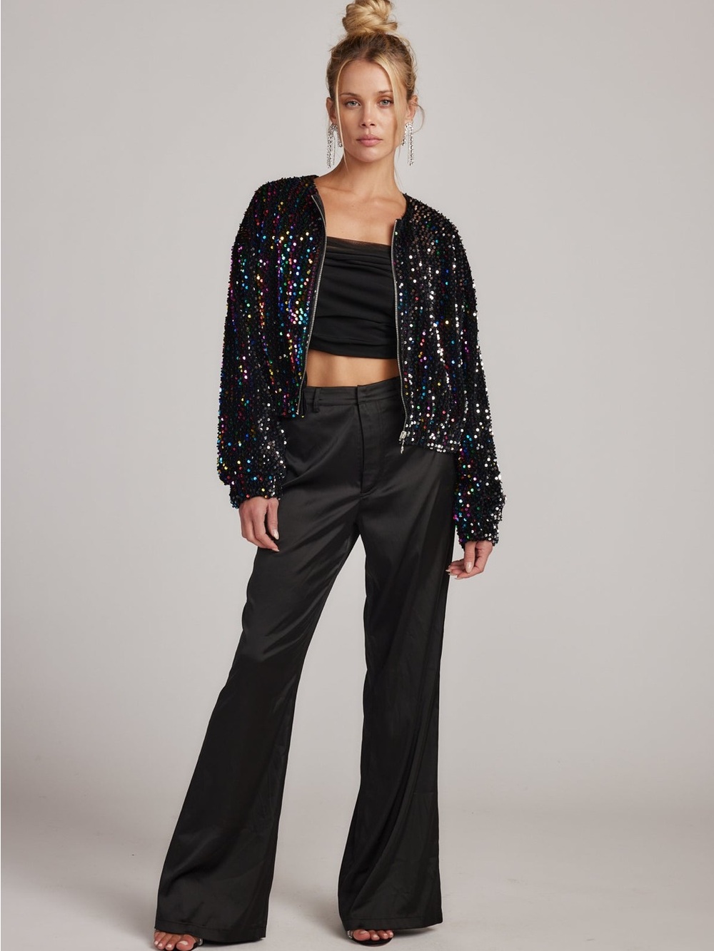 12th Tribe Black Sequin Bomber Jacket with Multicolor Iridescent Accents - Picture 5 of 9
